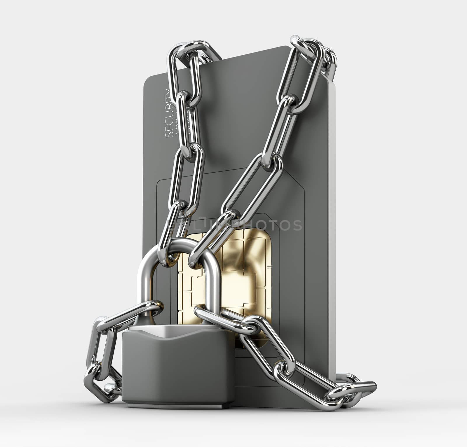 3d render of locked simcard, protection concept clipping path included.