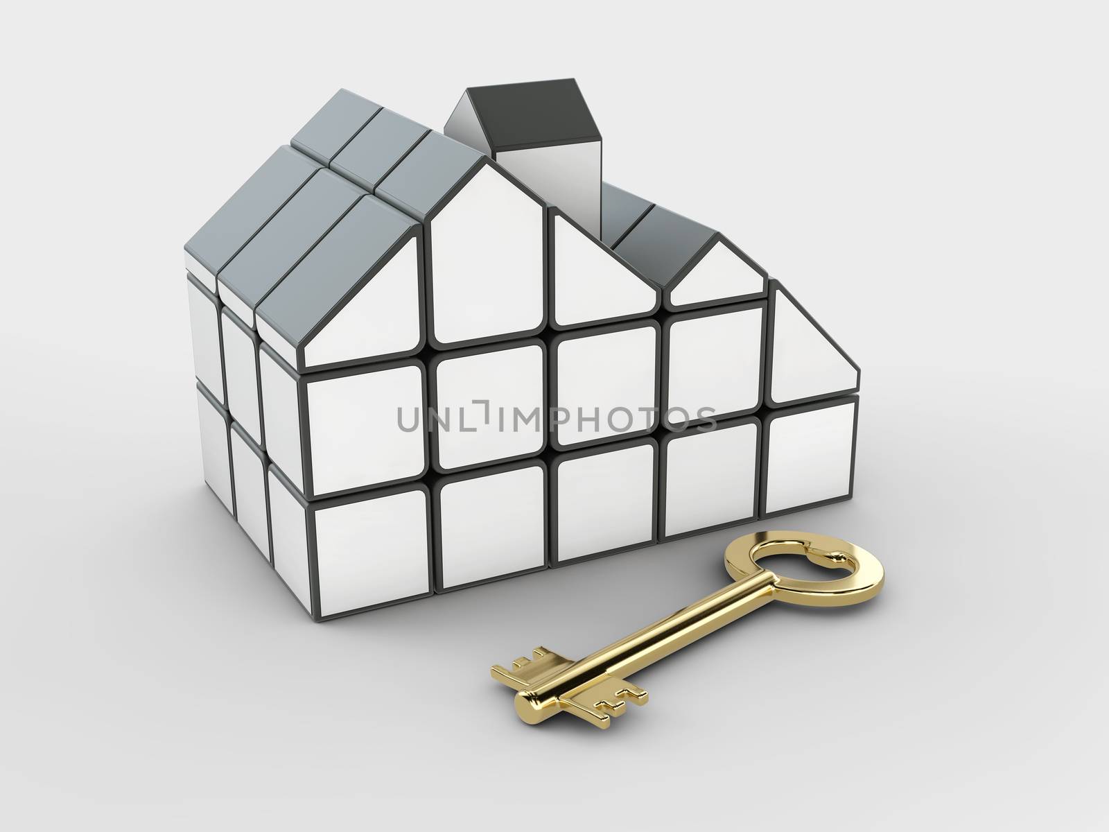 3d rendering of cube in the form of a house with key, Ideas for real estate, clipping path included.