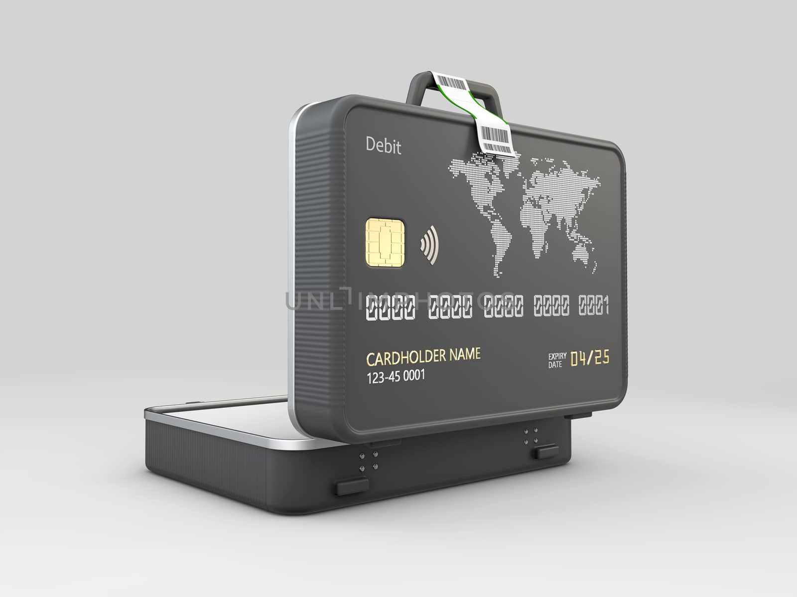 3d Rendering of Opened Suitcase with bank card, clipping path included.