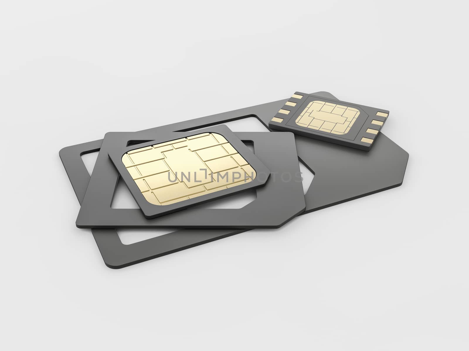 3d rendering of Sim card, micro - sim card, nano - sim card and eSim card set, clipping path included.