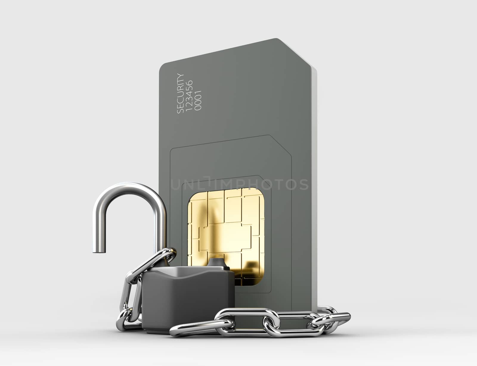 3d rendering of unlocked simcard, protection concept clipping on white background