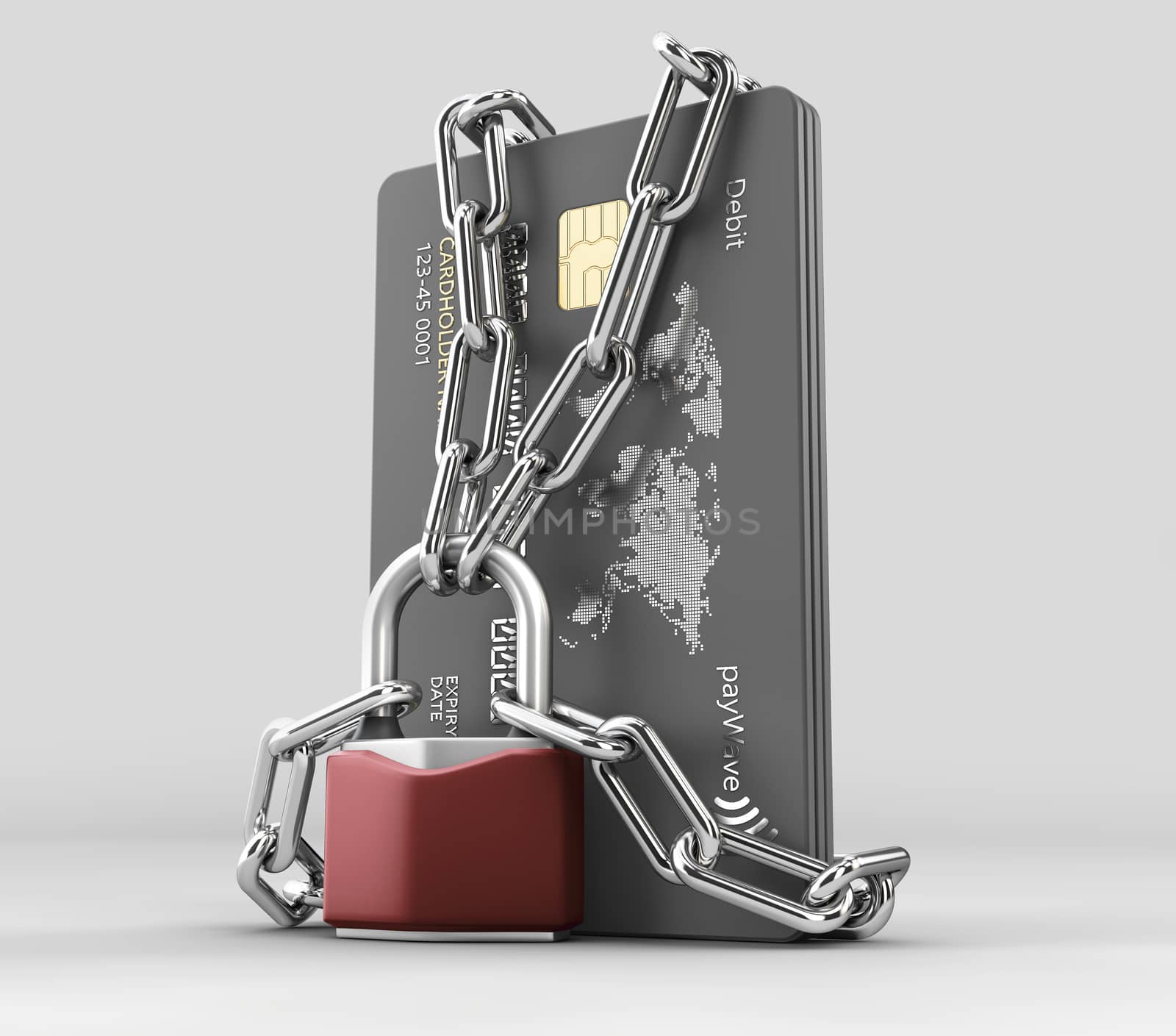 3d rendering of credit card with chains and pad lock, cplipping path included.
