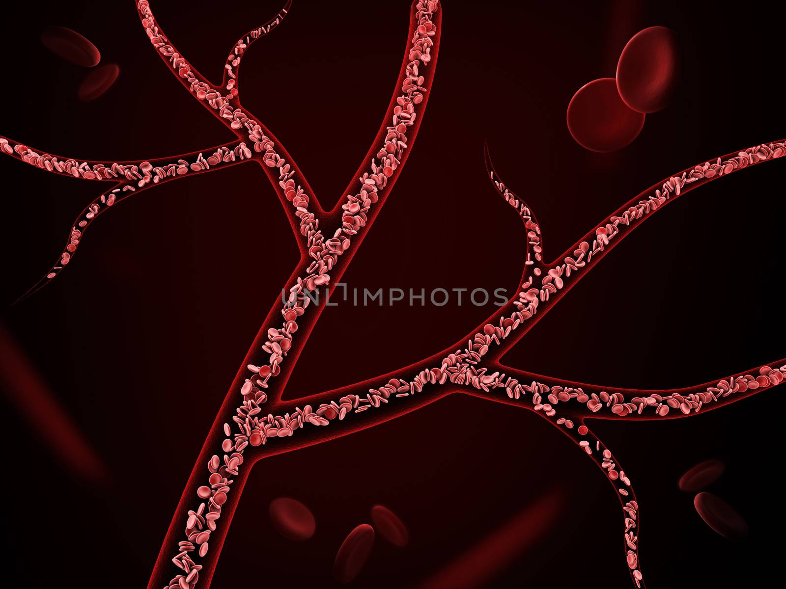 3d Illustration of red blood cells in vein on black background.