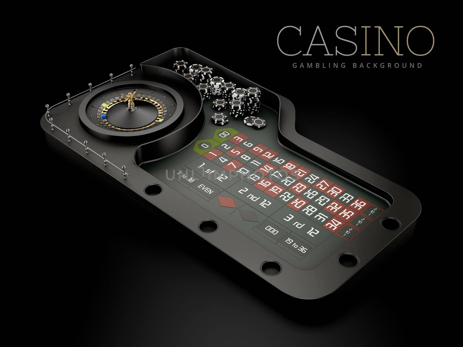 3d Rendering of Black Casino Roulette Wheel on a table, clipping path included.