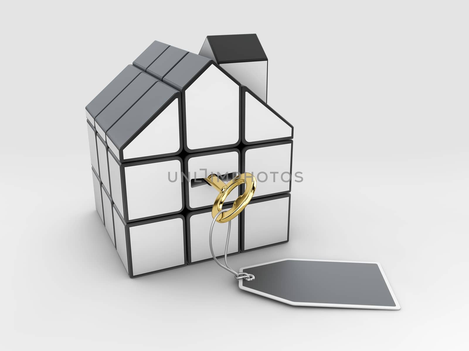 3d Rendering of house build of cubes with key, clipping path included