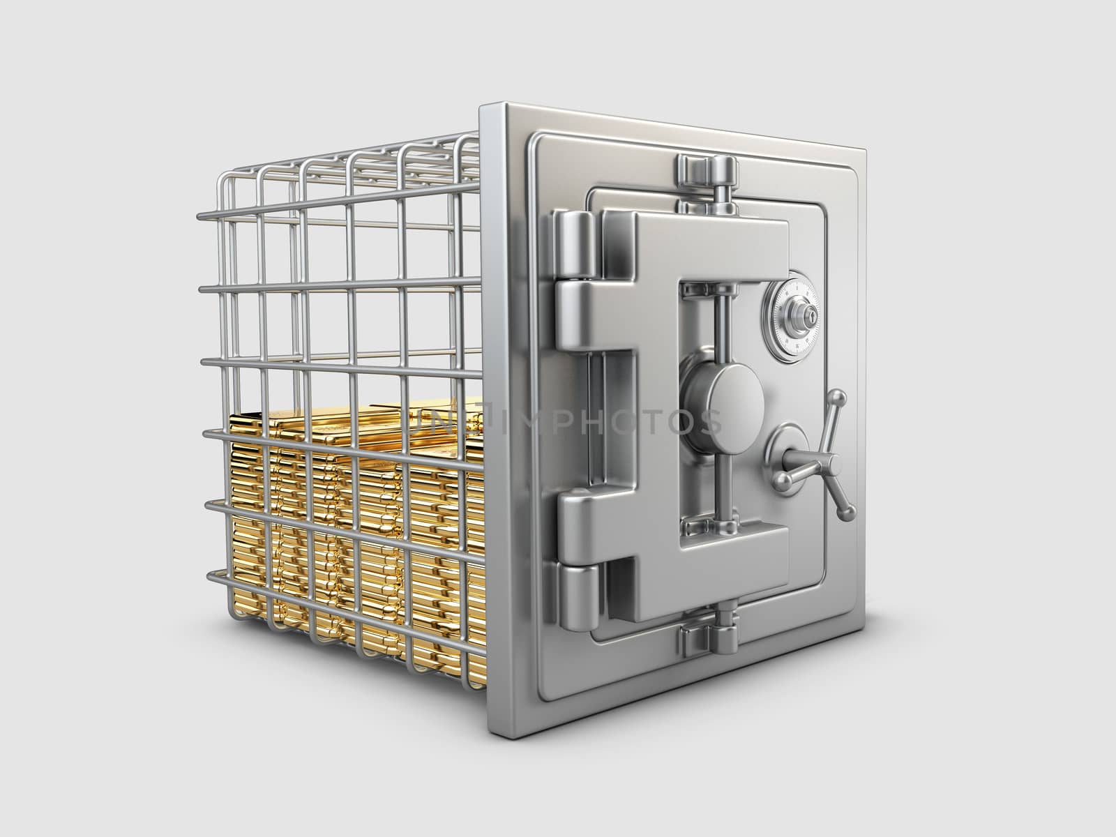 3d Rendering of Security metal safe with gold bars inside, clipping path include.