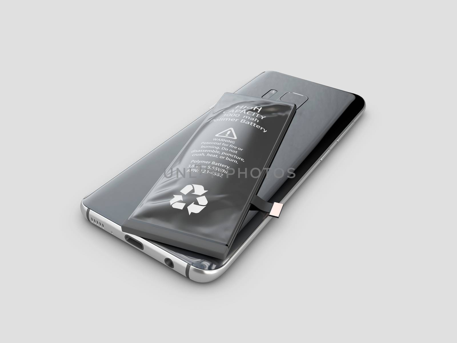 3d Illustration of Swollen mobile phone battery. Expired or low quality Phone Battery Replacement.