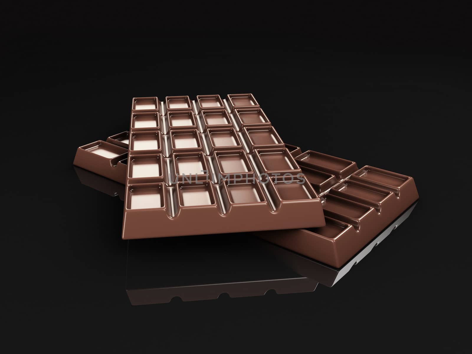 Dark chocolate bar isolated on black background 3d rendering by tussik