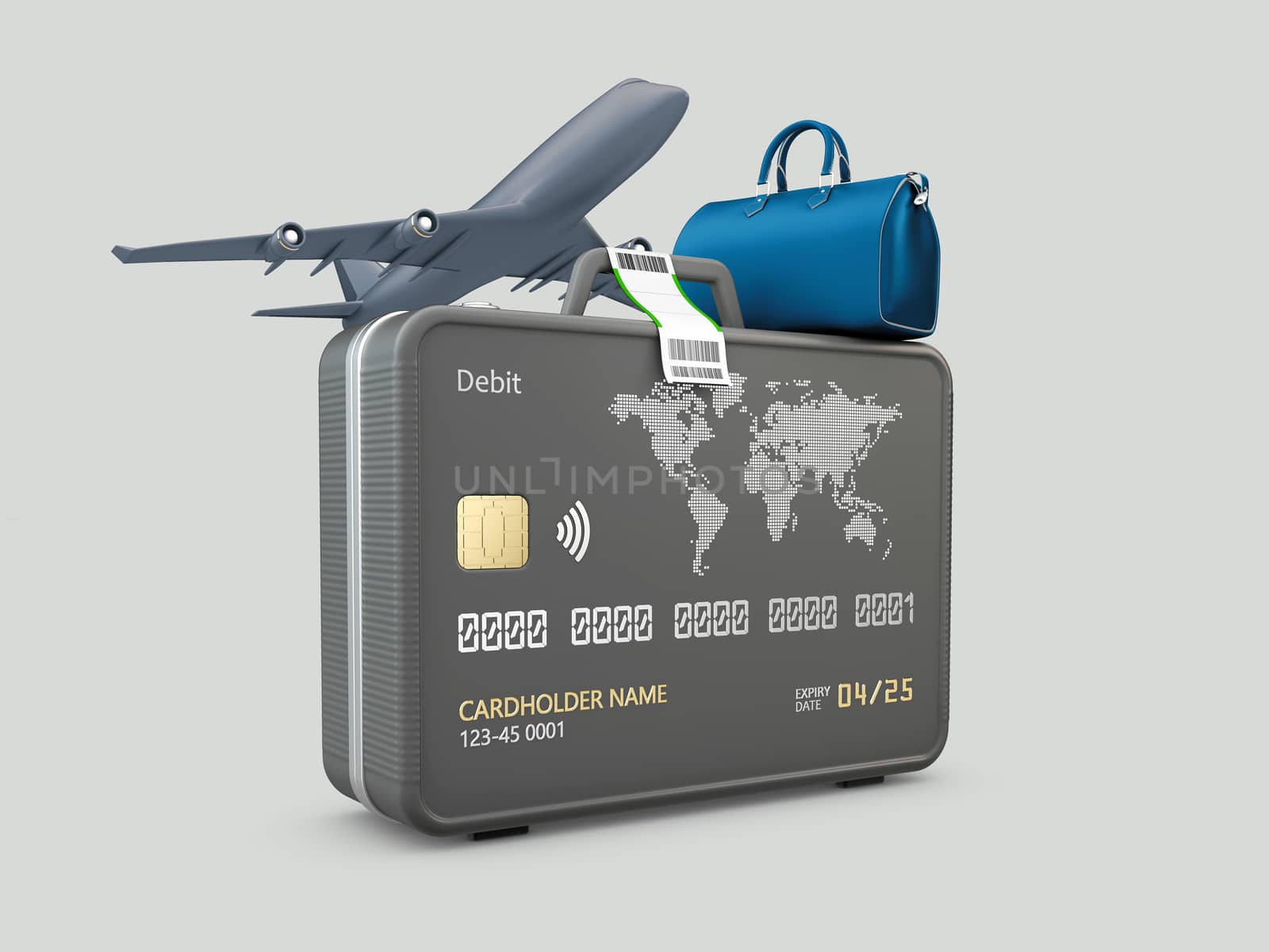 3d Rendering of Travel Bags with bank card and plane. Clipping path included.