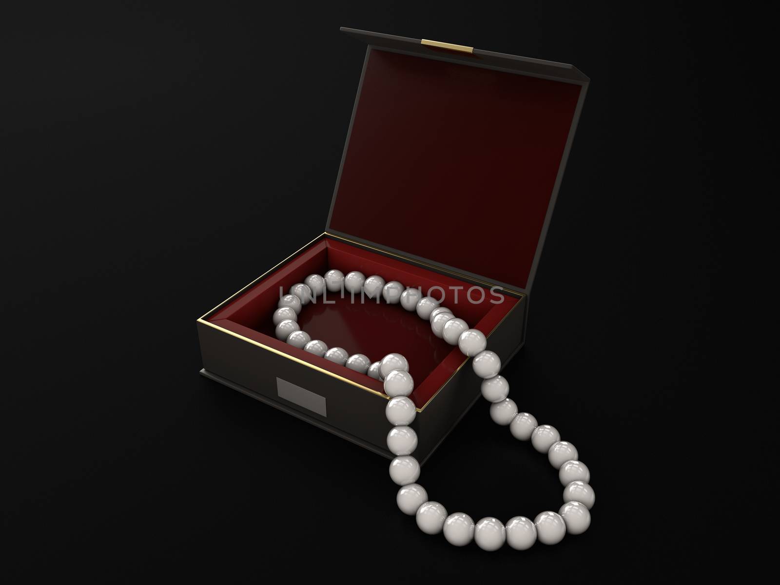 3d Illustration of open wood jewelry box with pearls by tussik