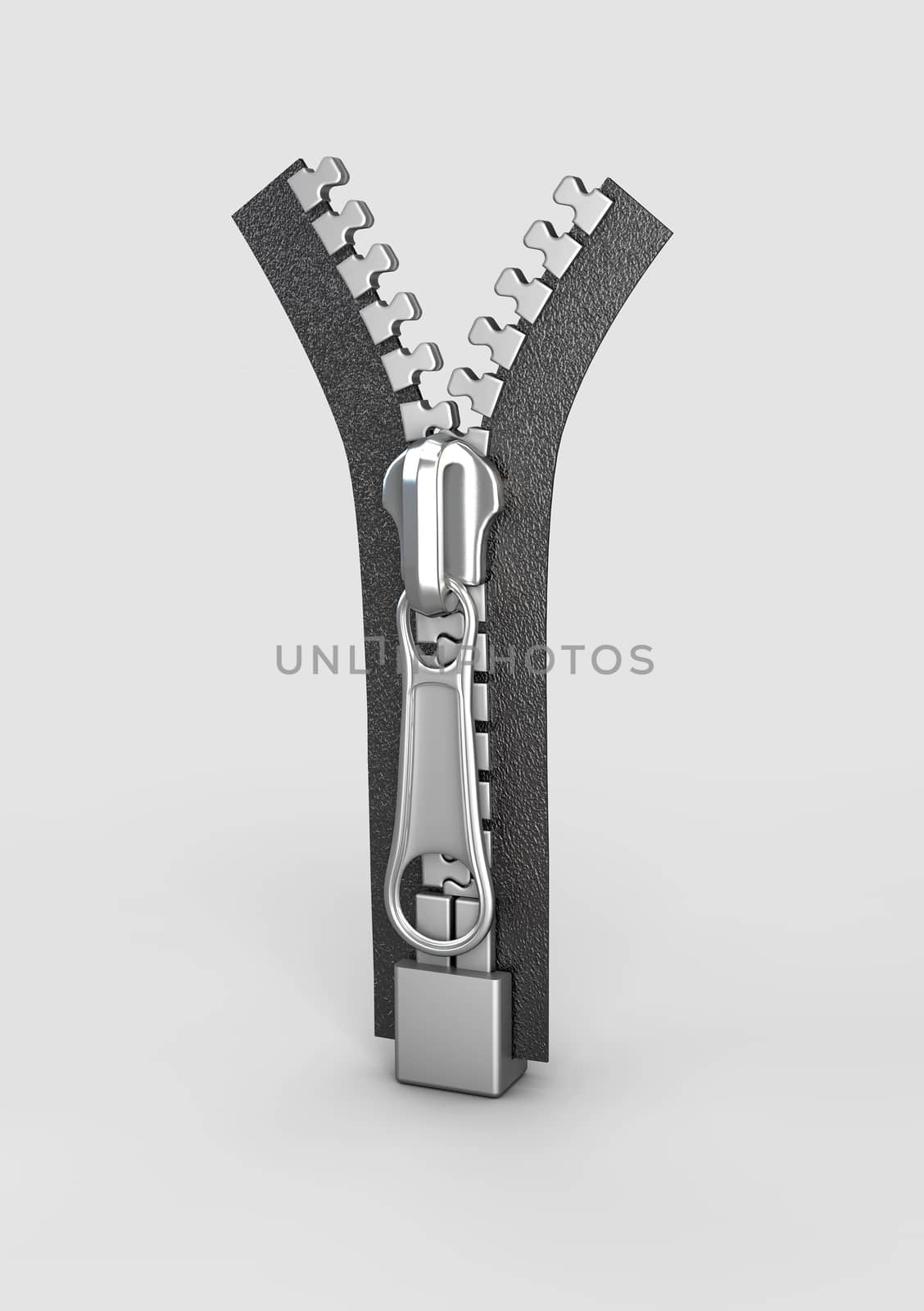 3d Rendering of open zipper interlocking metal fastener on clothing by tussik