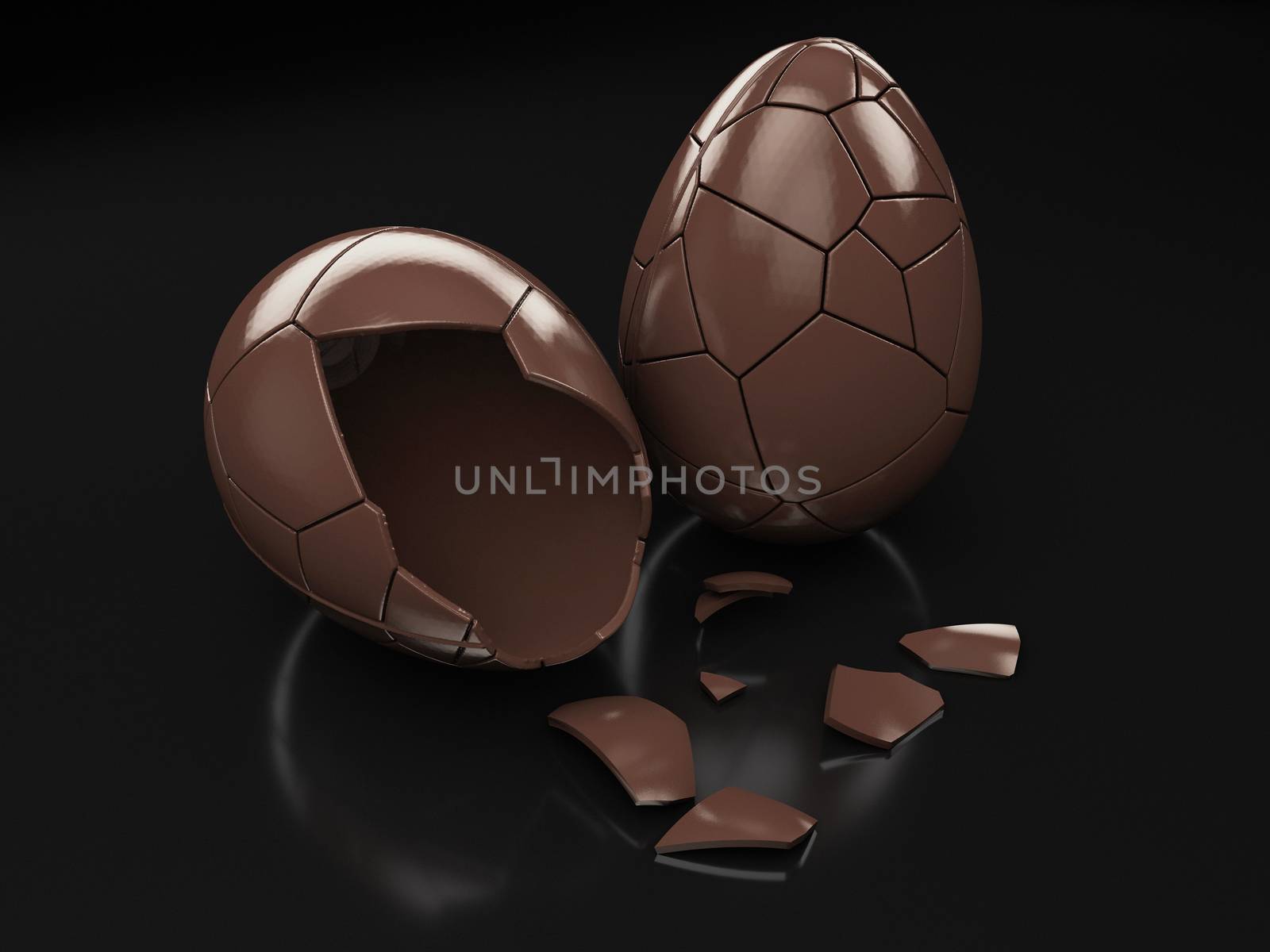 3d Rendering of Choclate eggs isolated black.