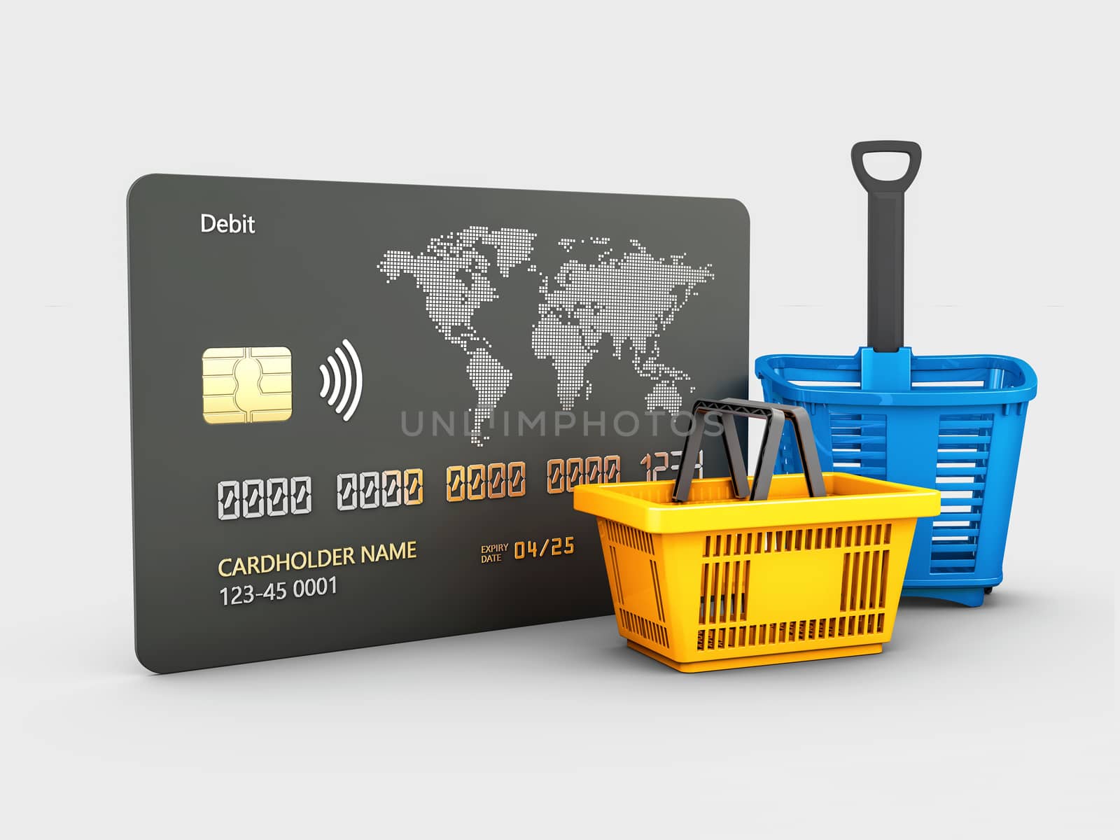 3d rendering of Credit card and shopping basket, clipping path included.