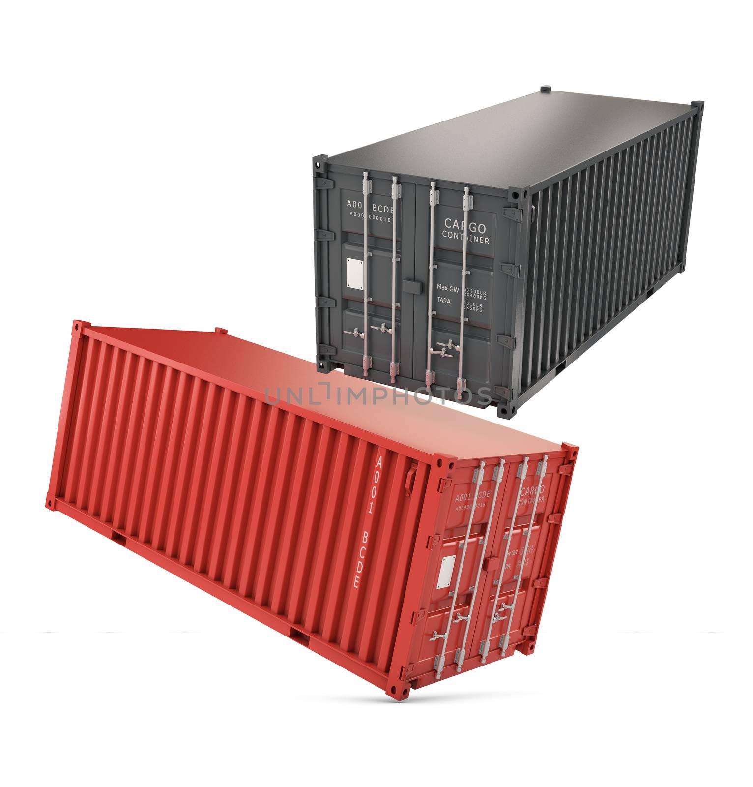 3d Illustration of a stack of two sea freight containers, isolated on white background.