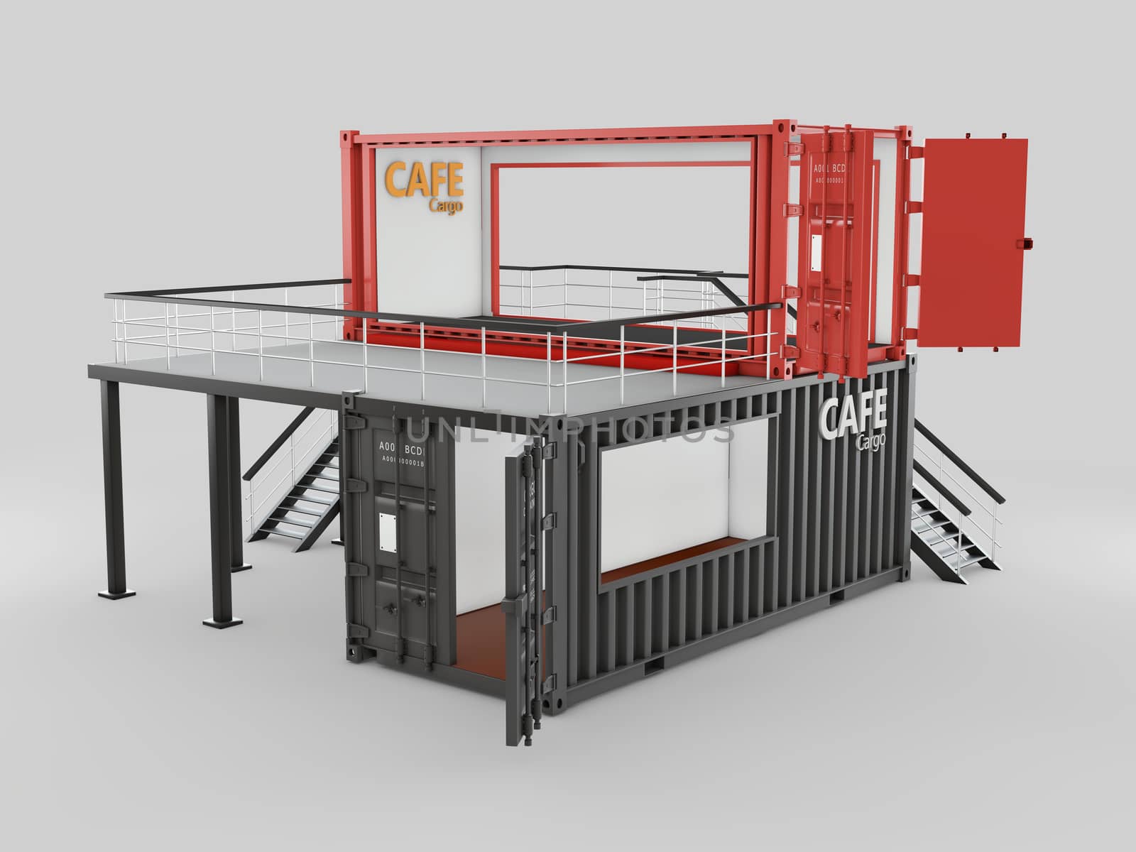 Converted old shipping container into cafe, 3d Illustration isolated gray by tussik