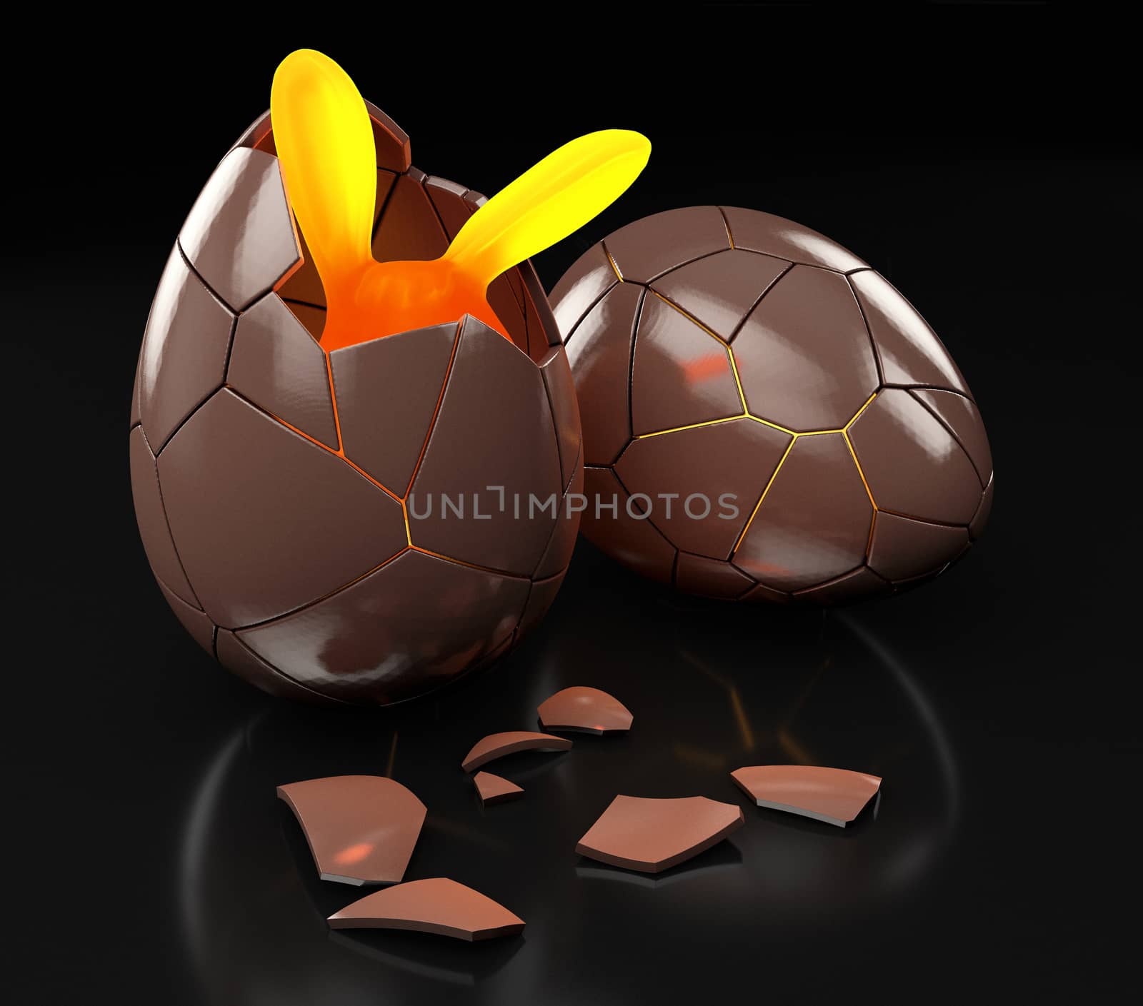 3d Rendering of Chocolate Easter egg with the top broken.