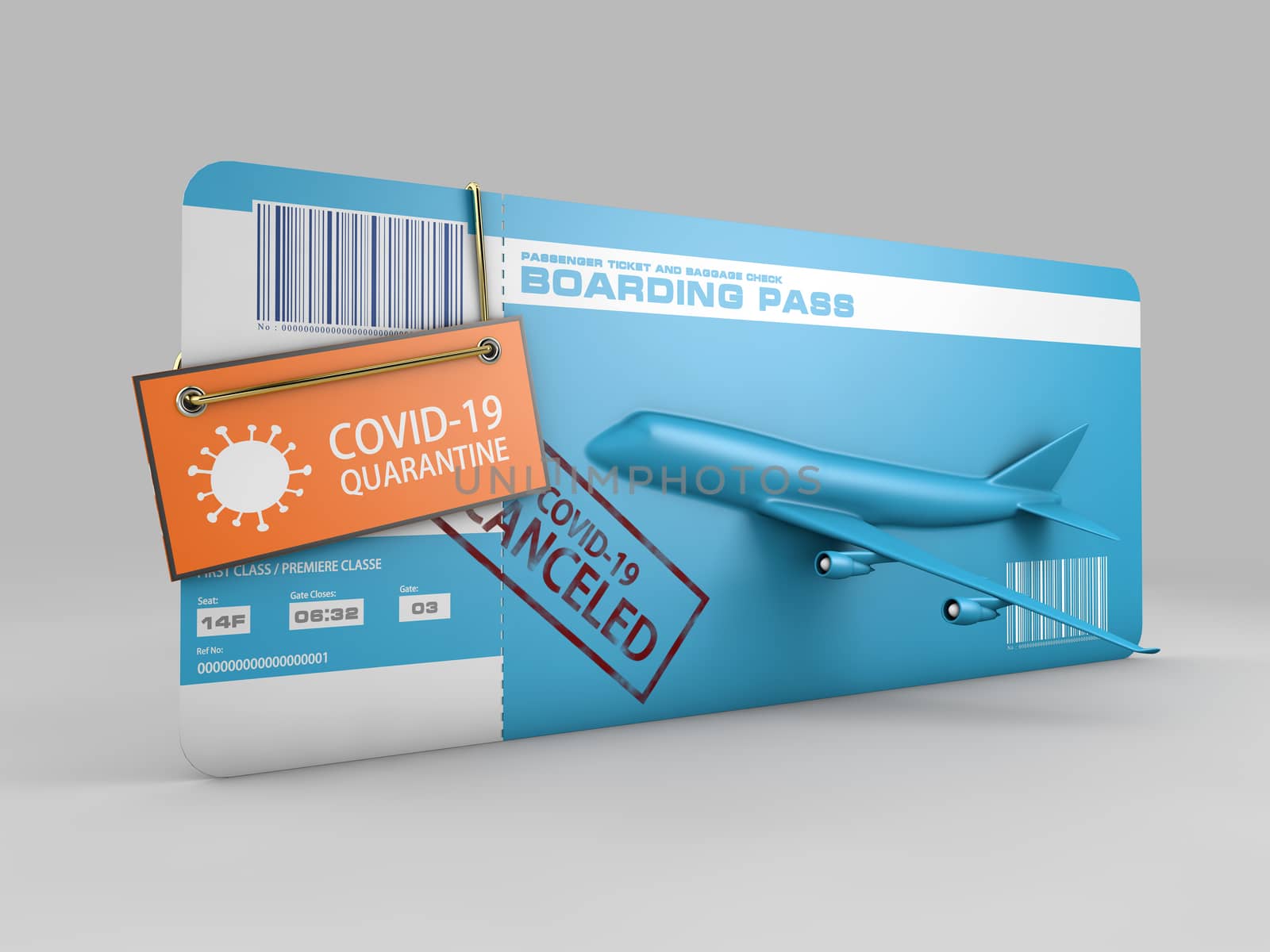 3d rendering of Coronavirus pandemic. Flight ban and closed borders. Flight ticket refunds and route changes