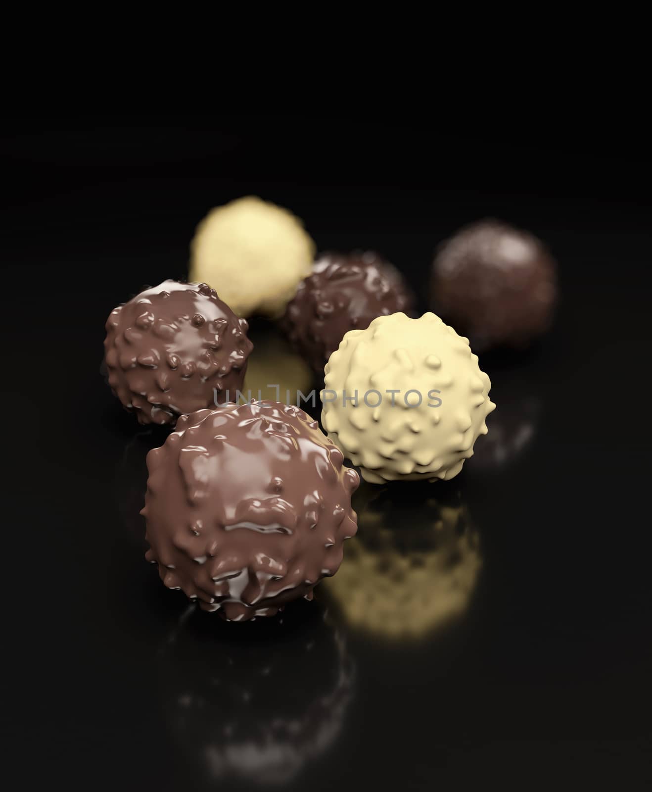 Dark chocolate balls isolated on black background 3d rendering by tussik