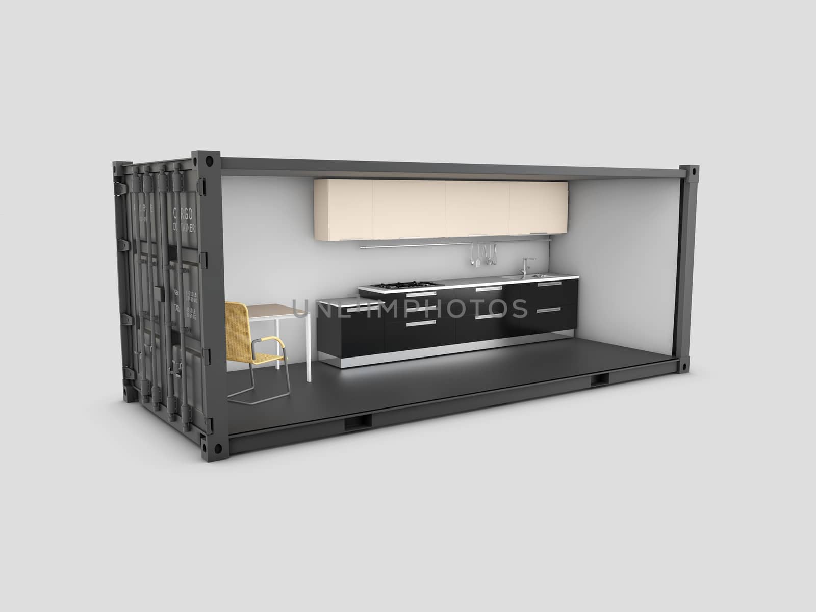 3d Illustration of Converted old shipping container into kitchen room, isolated gray.