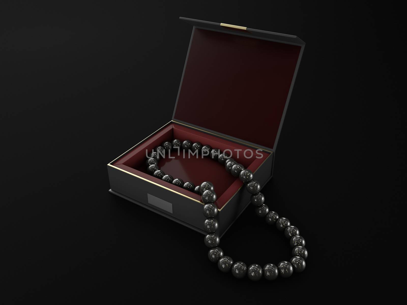 3d Illustration of open wood jewelry box with black pearls.