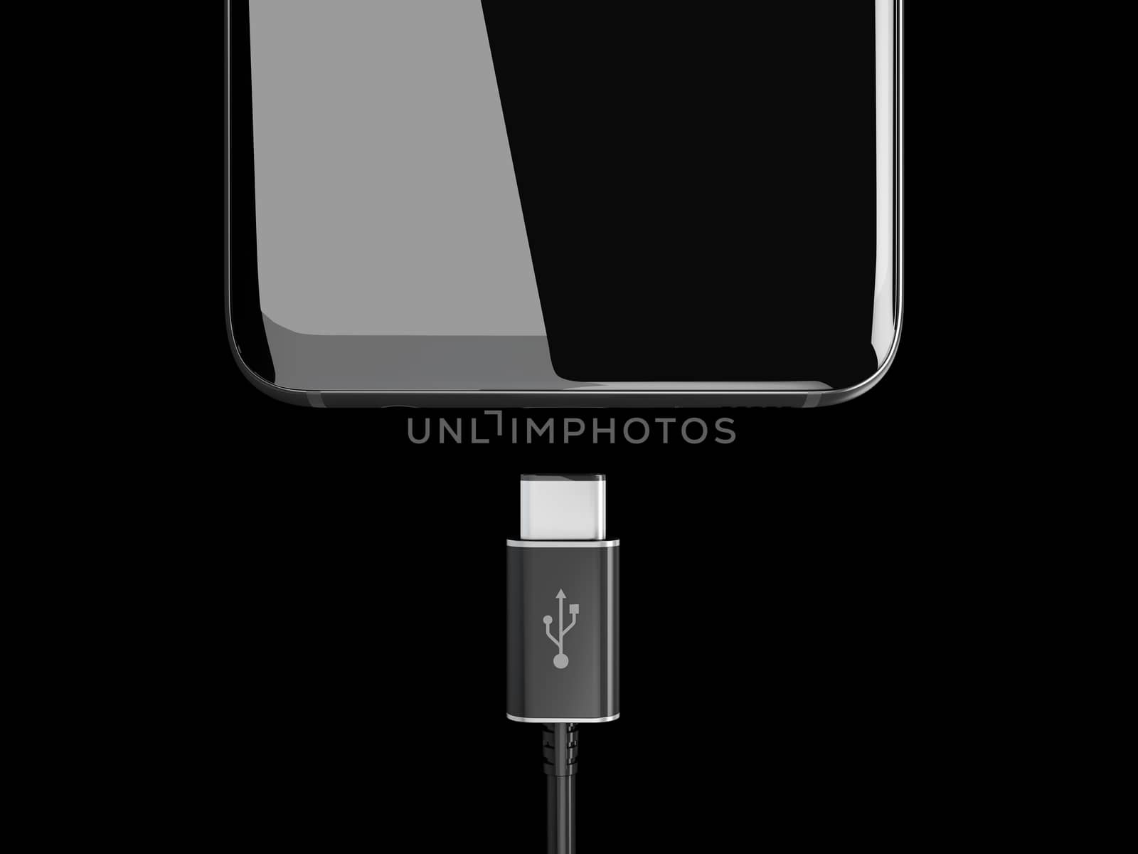 3d Illustration of USB cable for smartphone on black background. by tussik
