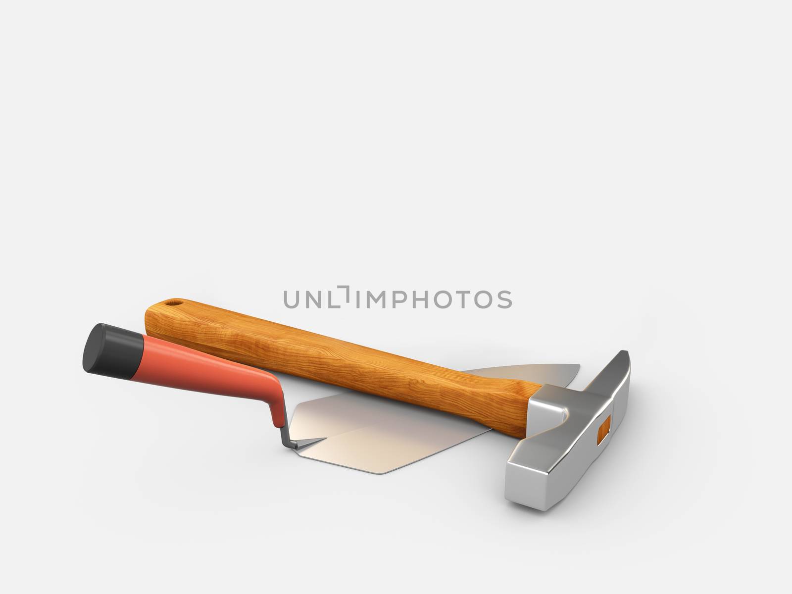 3d Illustration of Realistic Trowel and Hammer isolated on gray background by tussik