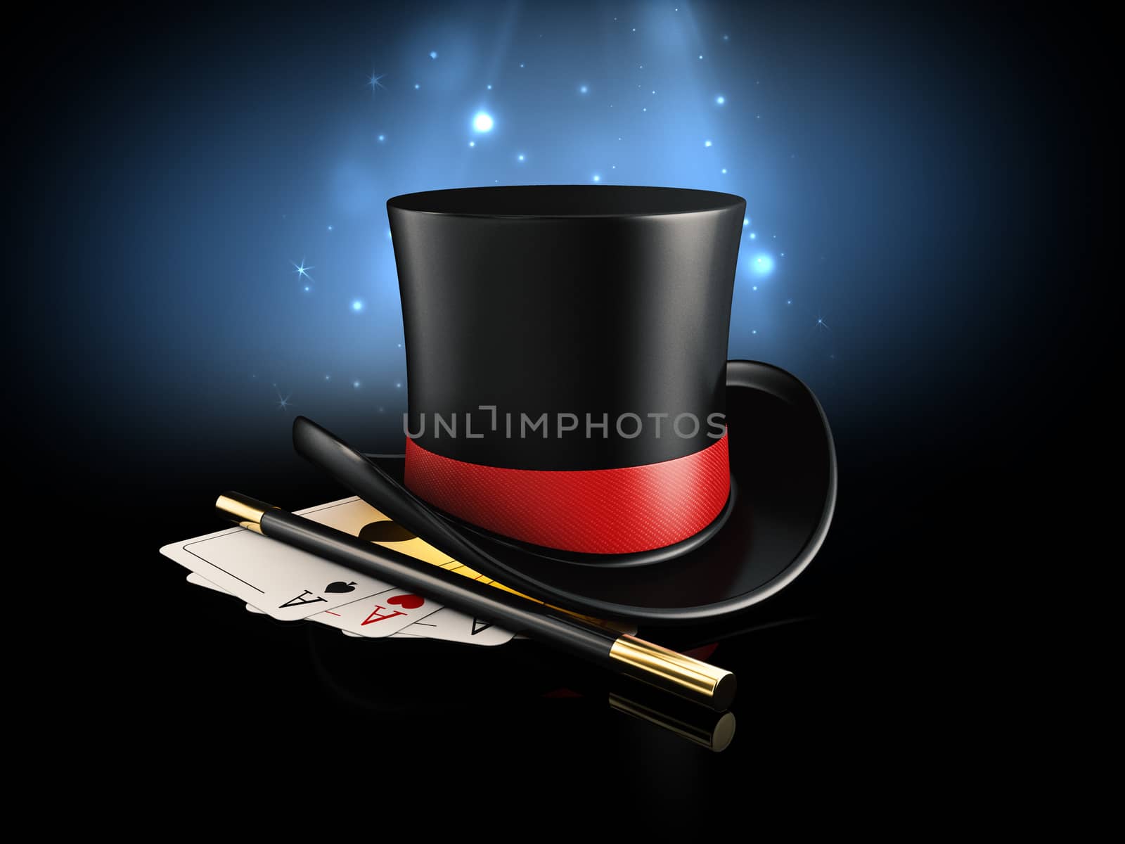 3d Rendering of Magic Hat With Shine, Magic wand and play cards.