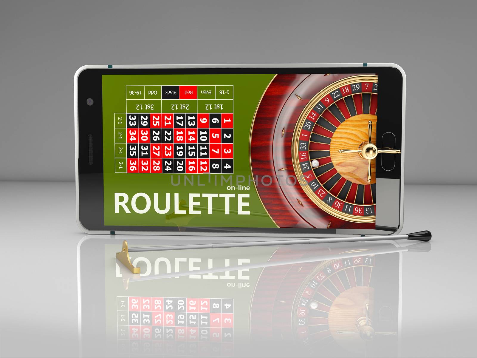 3d Rendering of Online Internet casino app, roulette with phone, gambling casino games