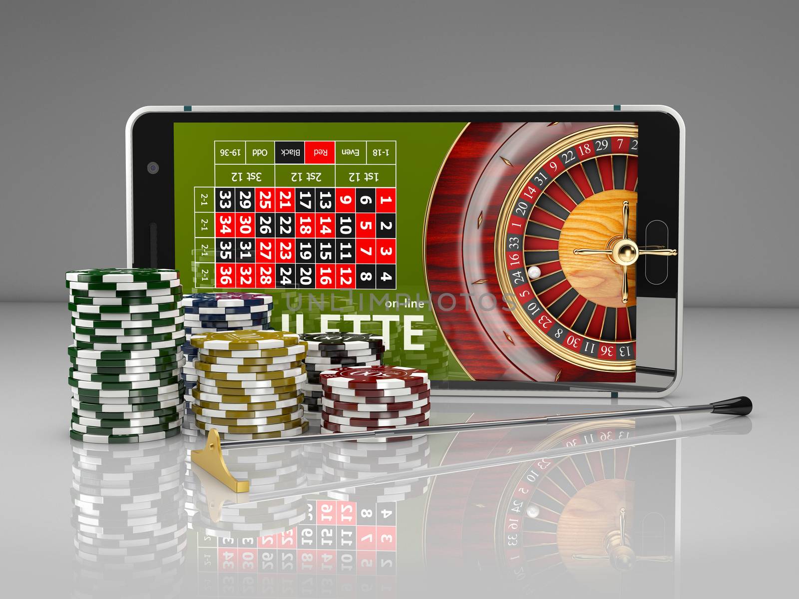 3d Rendering of Online Internet casino app, roulette with chips, gambling casino games