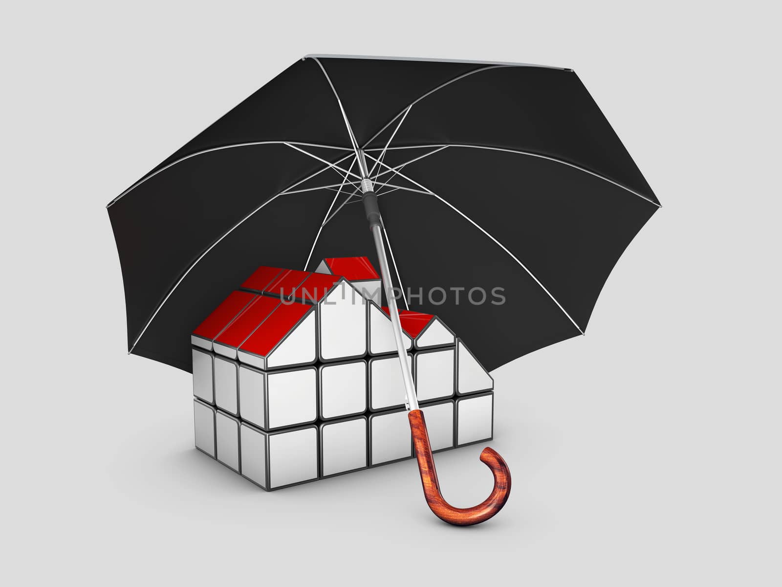 3d rendering of house with a red roof under a blue umbrella, security concept, clipping path included by tussik