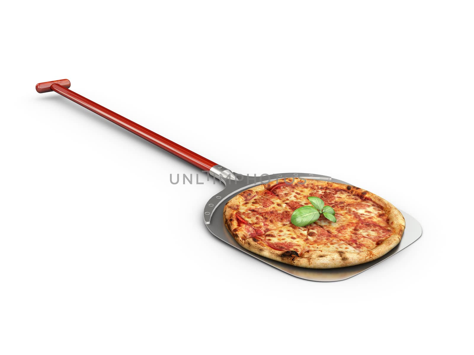 3d Illustration of Hot pizza slice with melting cheese, isolated white.