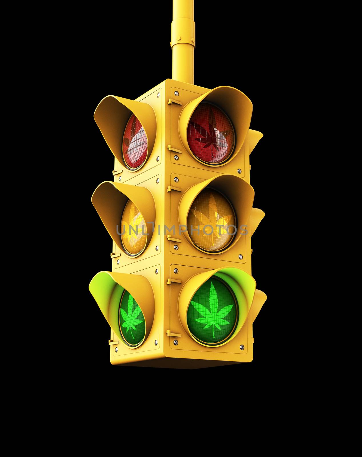 3d Rendering of Marijuana legalization issue - green traffic light with marijuana leaf concept by tussik