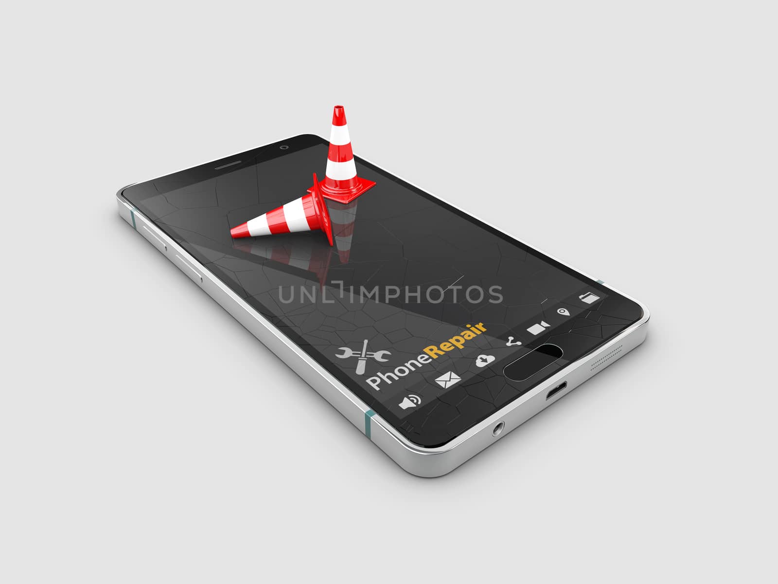 3d Illustration of Broken mobile phone screen isolated gray by tussik