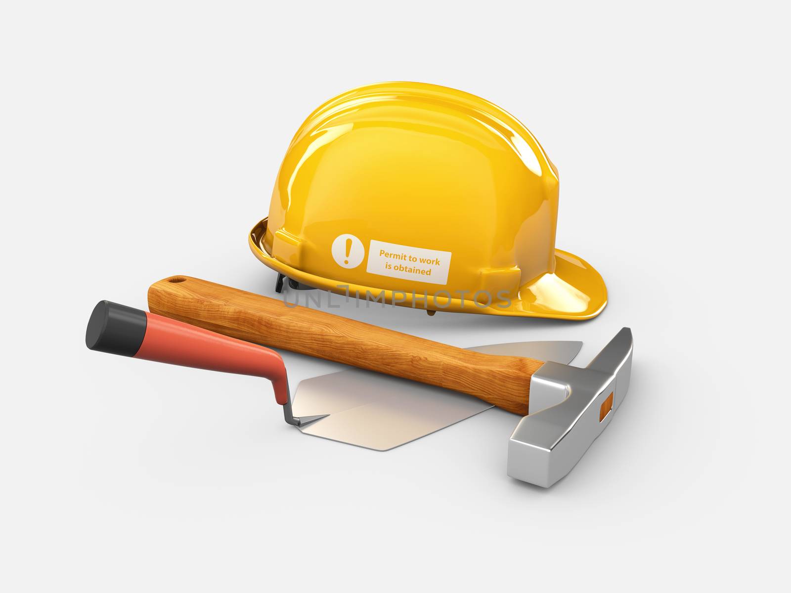 3d Illustration of Realistic Trowel with hammer and Helmet isolated on gray background.