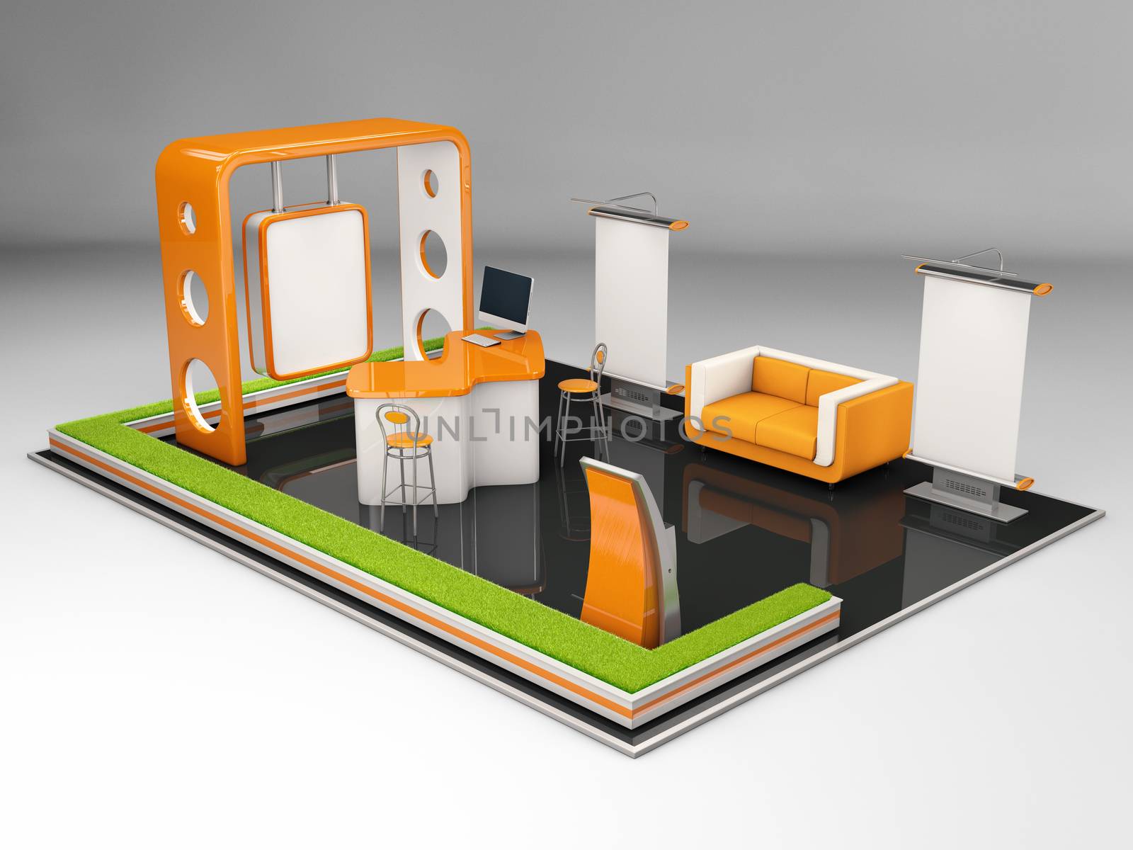 3d Illustrated unique creative exhibition stand display design with table and chair, info board, roll up by tussik