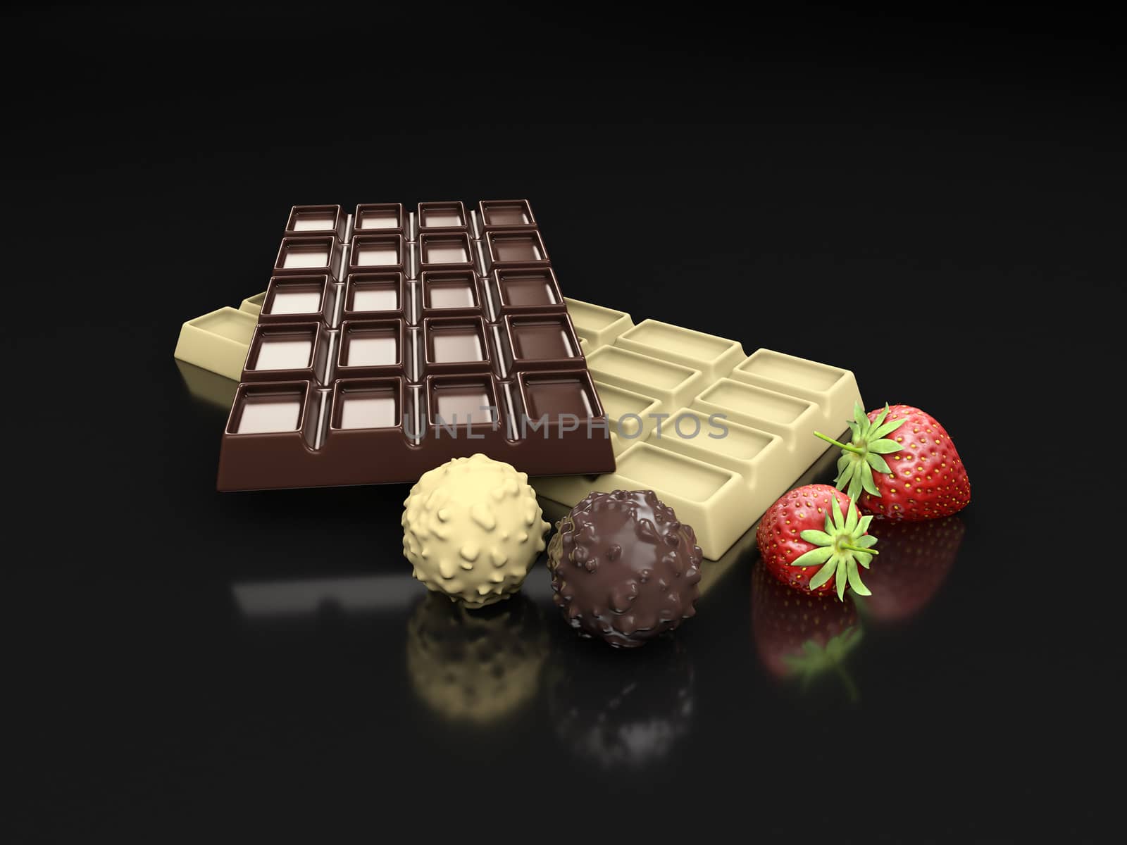 3d rendering of dark and white chocolate bars with strawberry isolated on black.