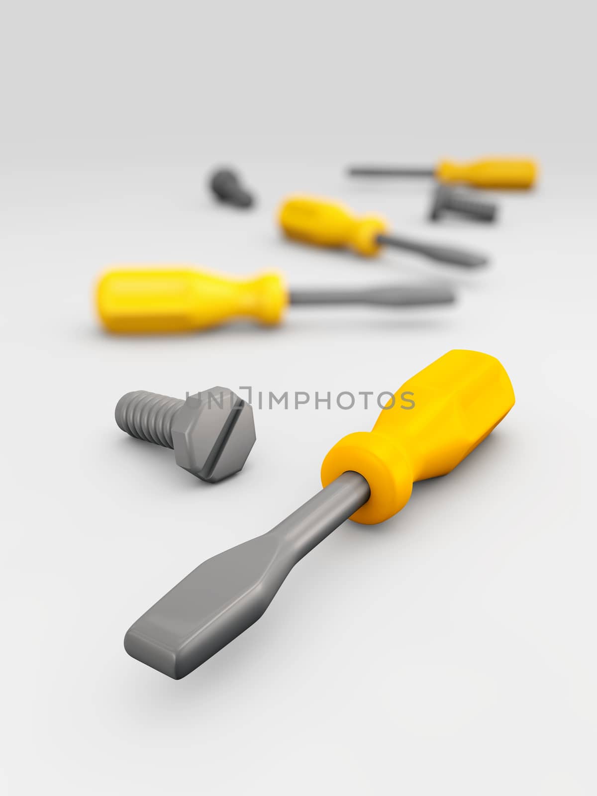 3d Illustration of screwdrivers and bolts, Repair and maintenance concept.