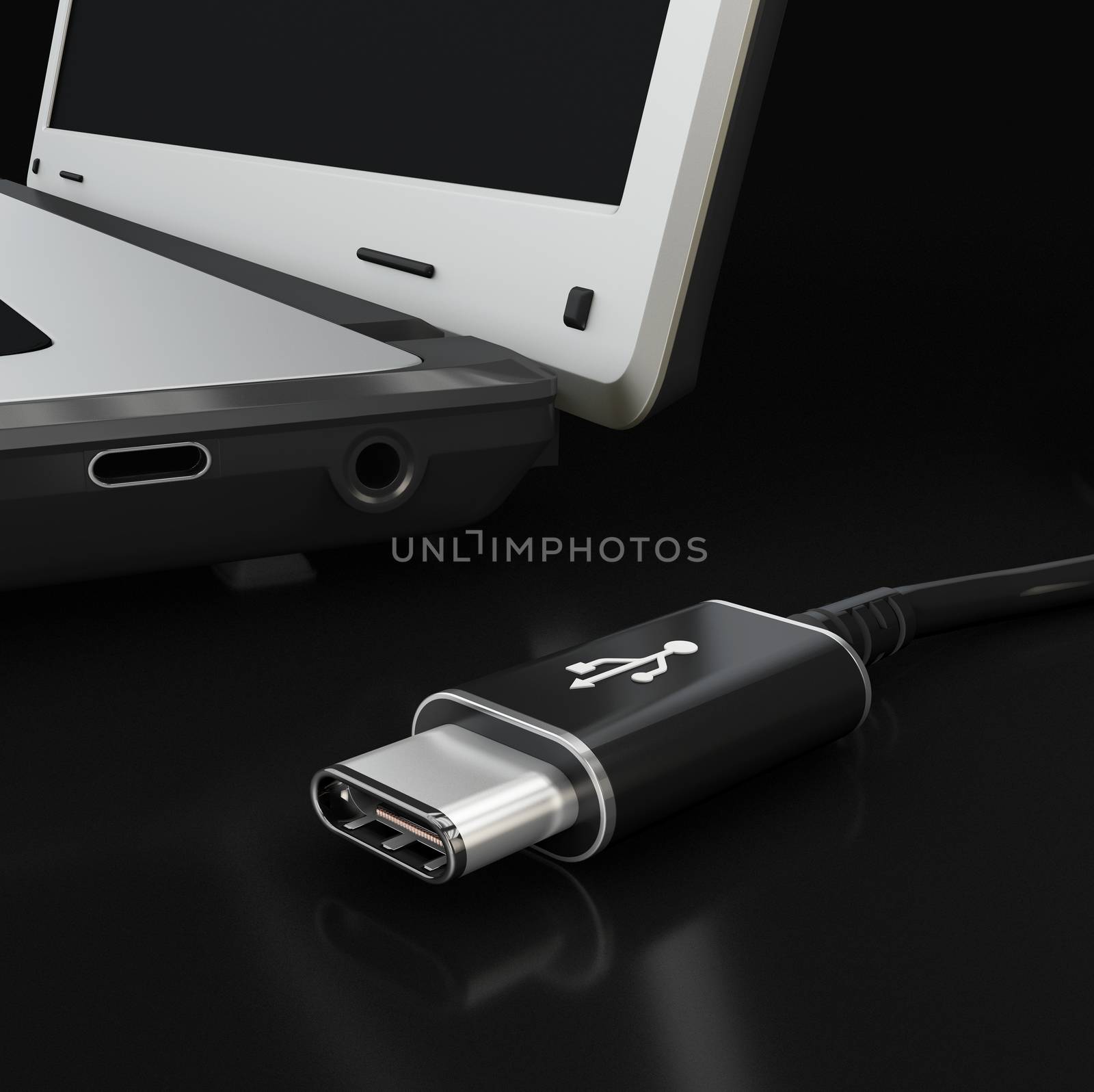 USB Type C or USB 4 connector cable line art 3d Illustration by tussik