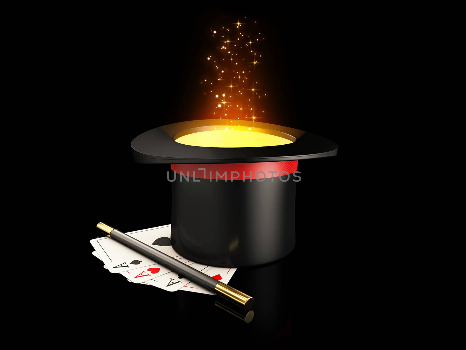 3d Rendering of Magic Hat With Shine, Magic wand and play cards.