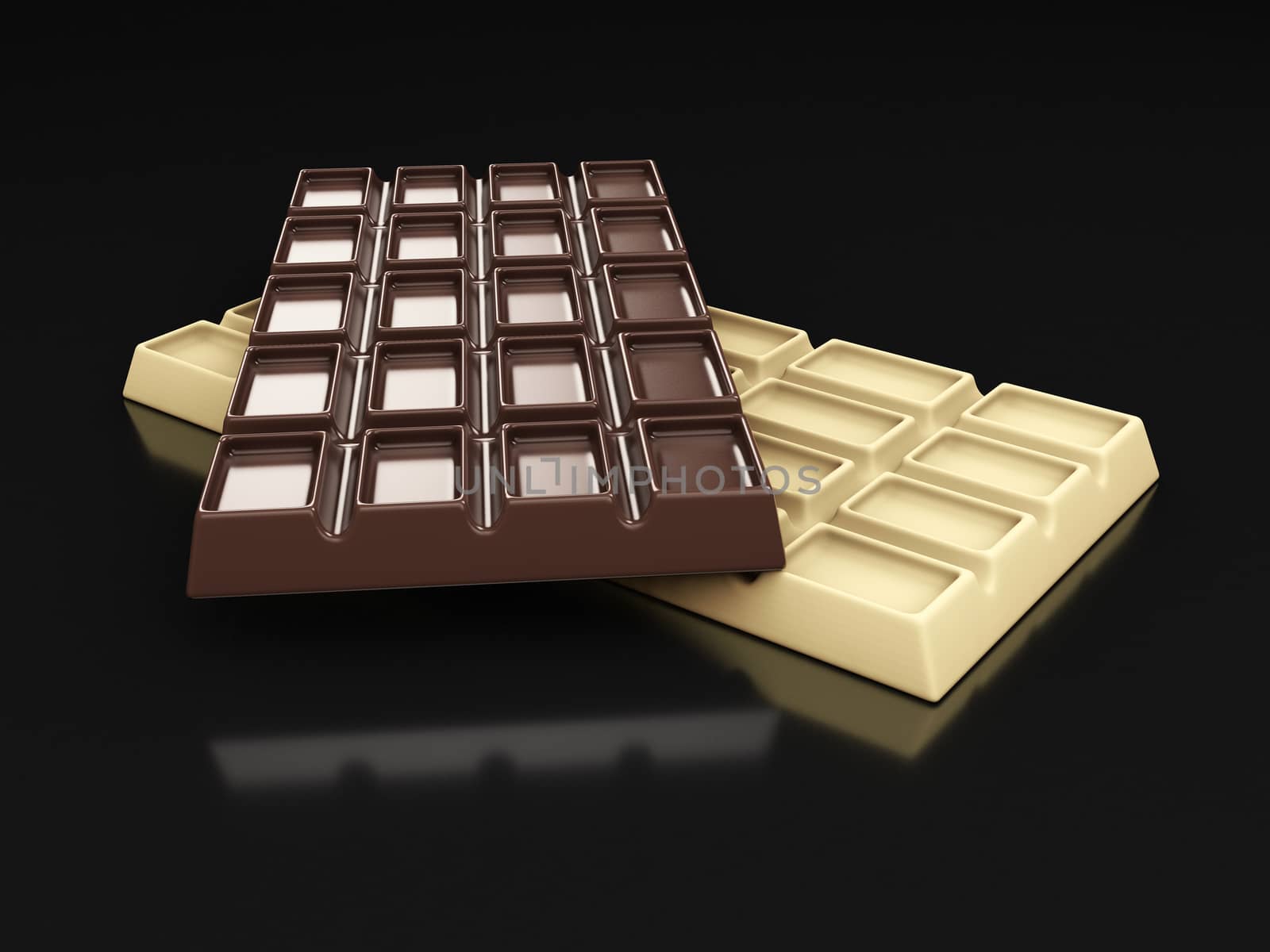 3d rendering of dark and white chocolate bars isolated on black by tussik