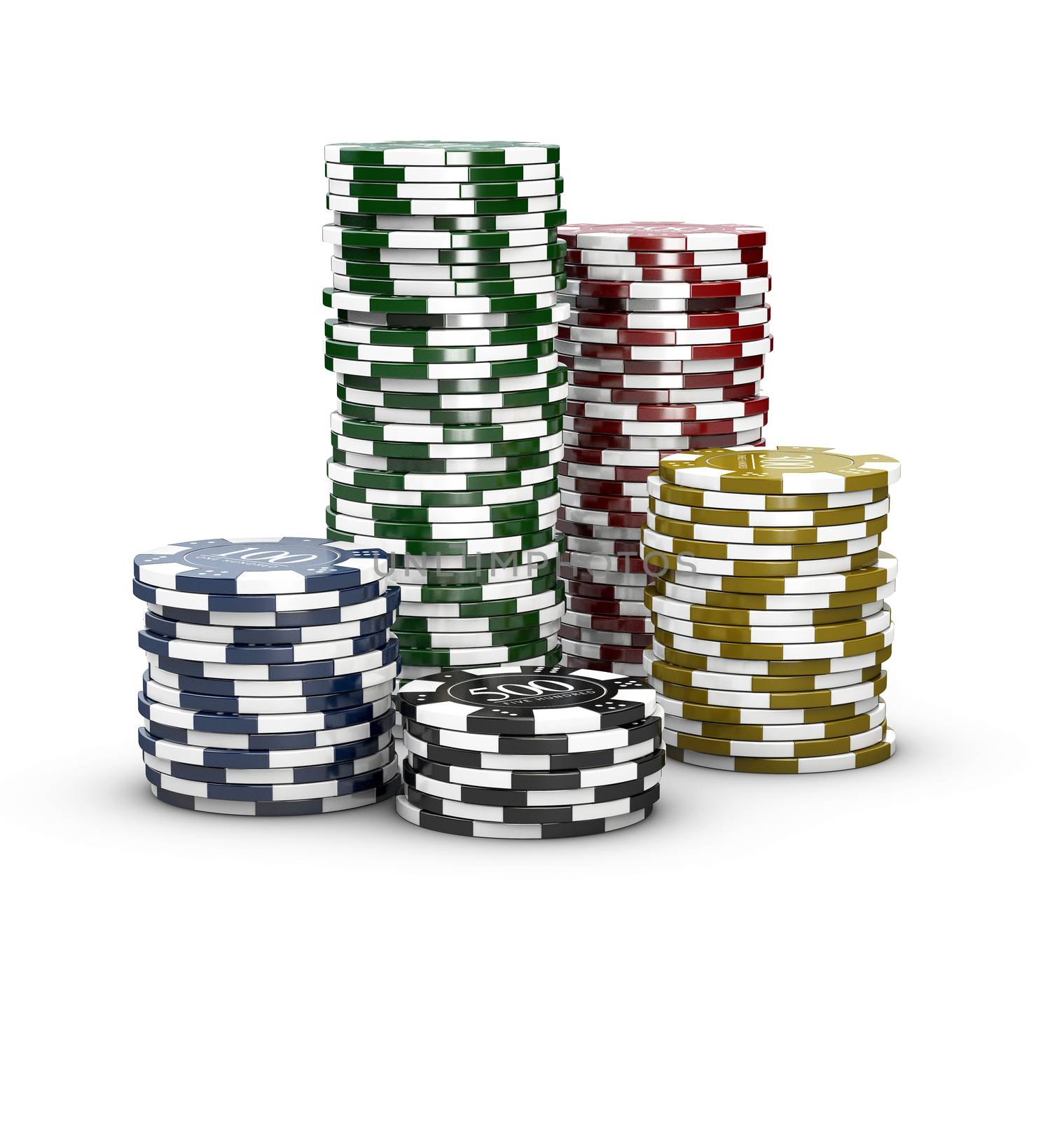 3d Illustration of casino chips isolated on white realistic theme.