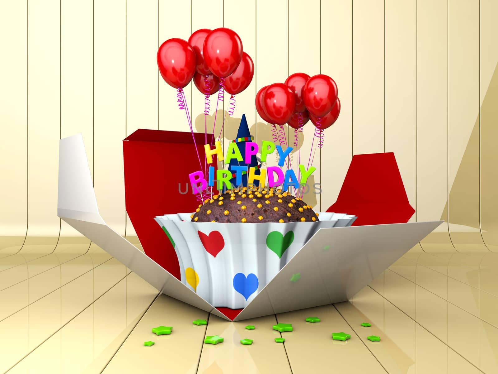 3d Illustration of Birthday cake with red balloons.