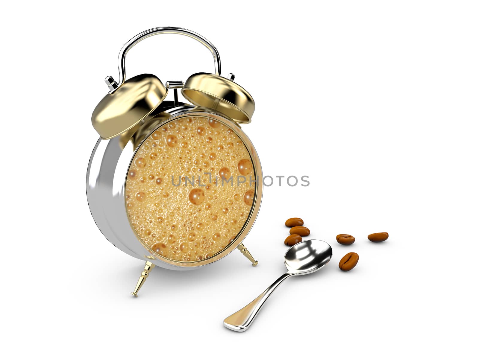 3d Illustration of Creative idea layout coffee cup alarm clock.