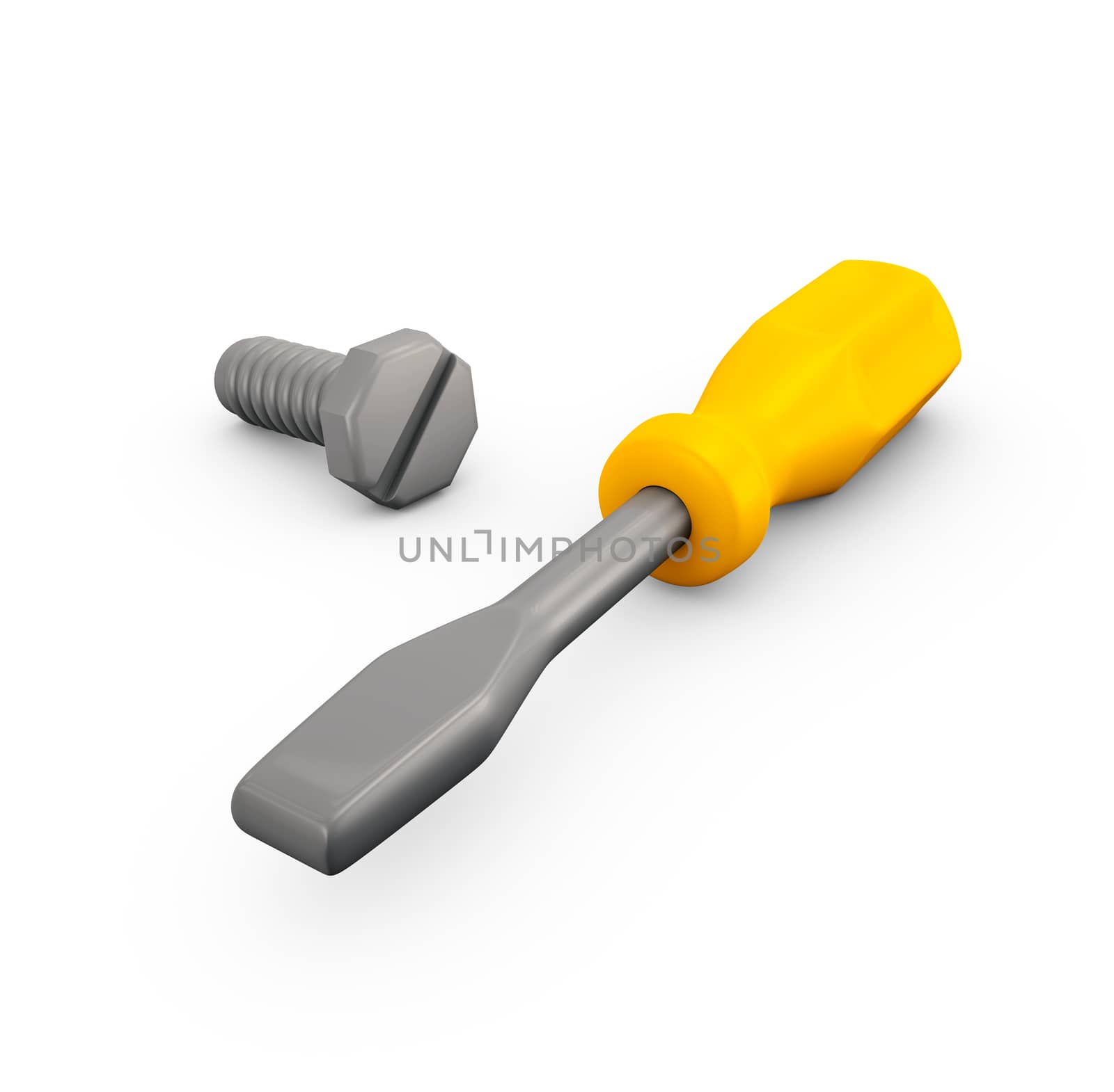 3d Illustration of screwdriver and bolt, Repair and maintenance concept.
