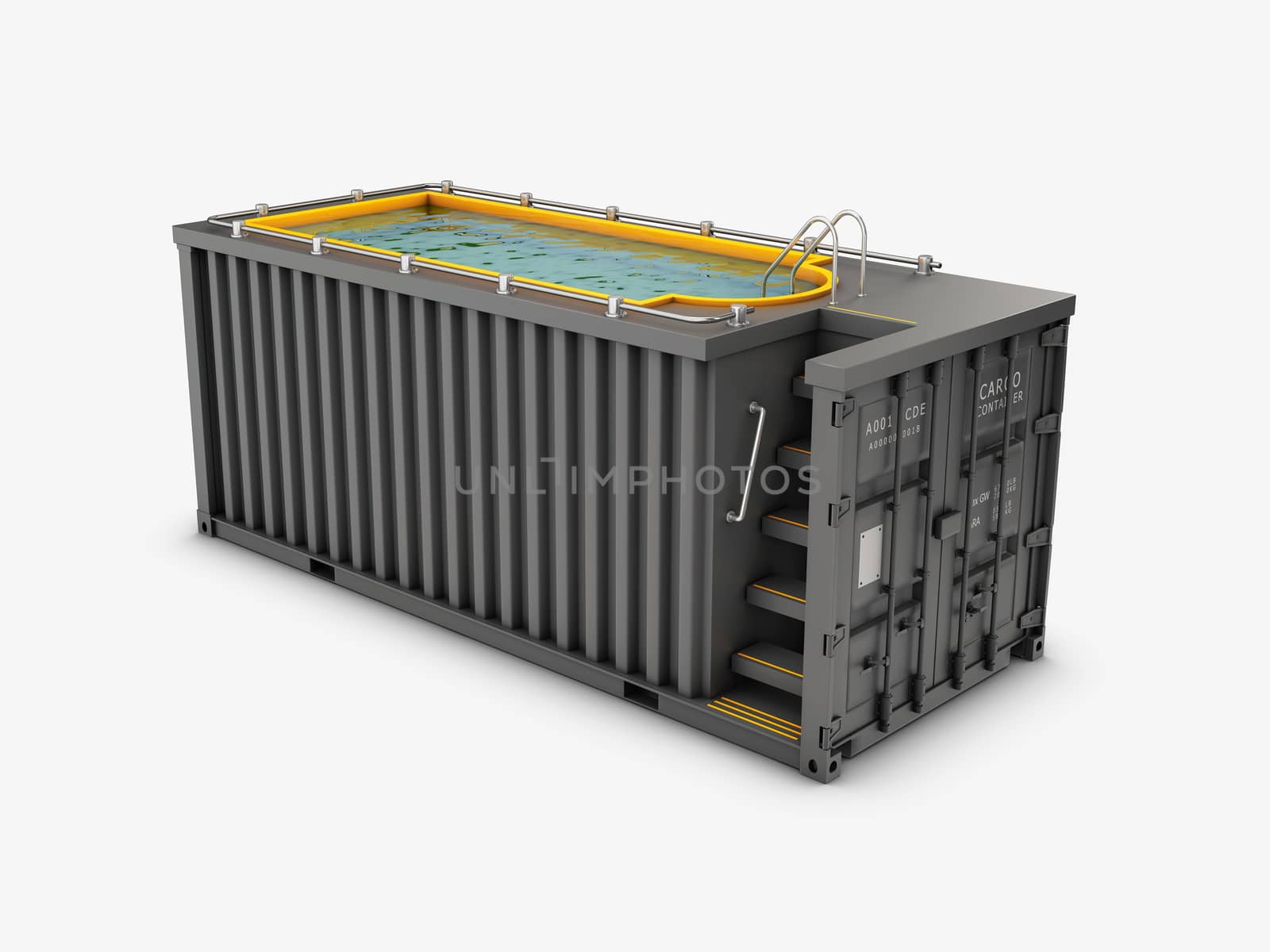 Converted old shipping container into swimming pool, isolated white 3d Illustration.