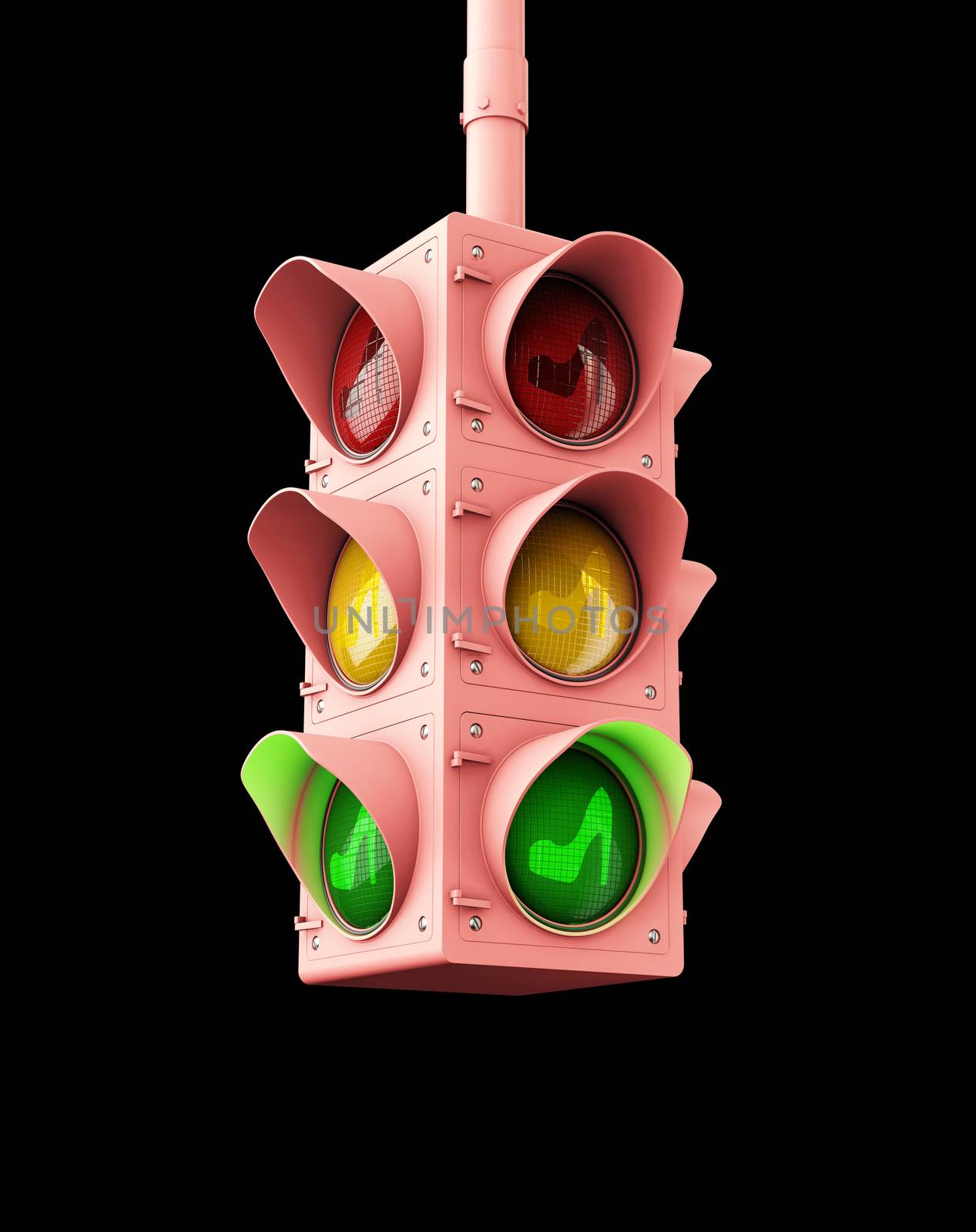 3d rendering of pink light traffic with heel sign, isolated black by tussik