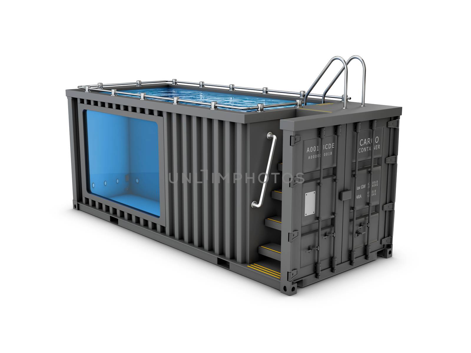 Converted old shipping container into swimming pool, isolated white 3d Illustration by tussik