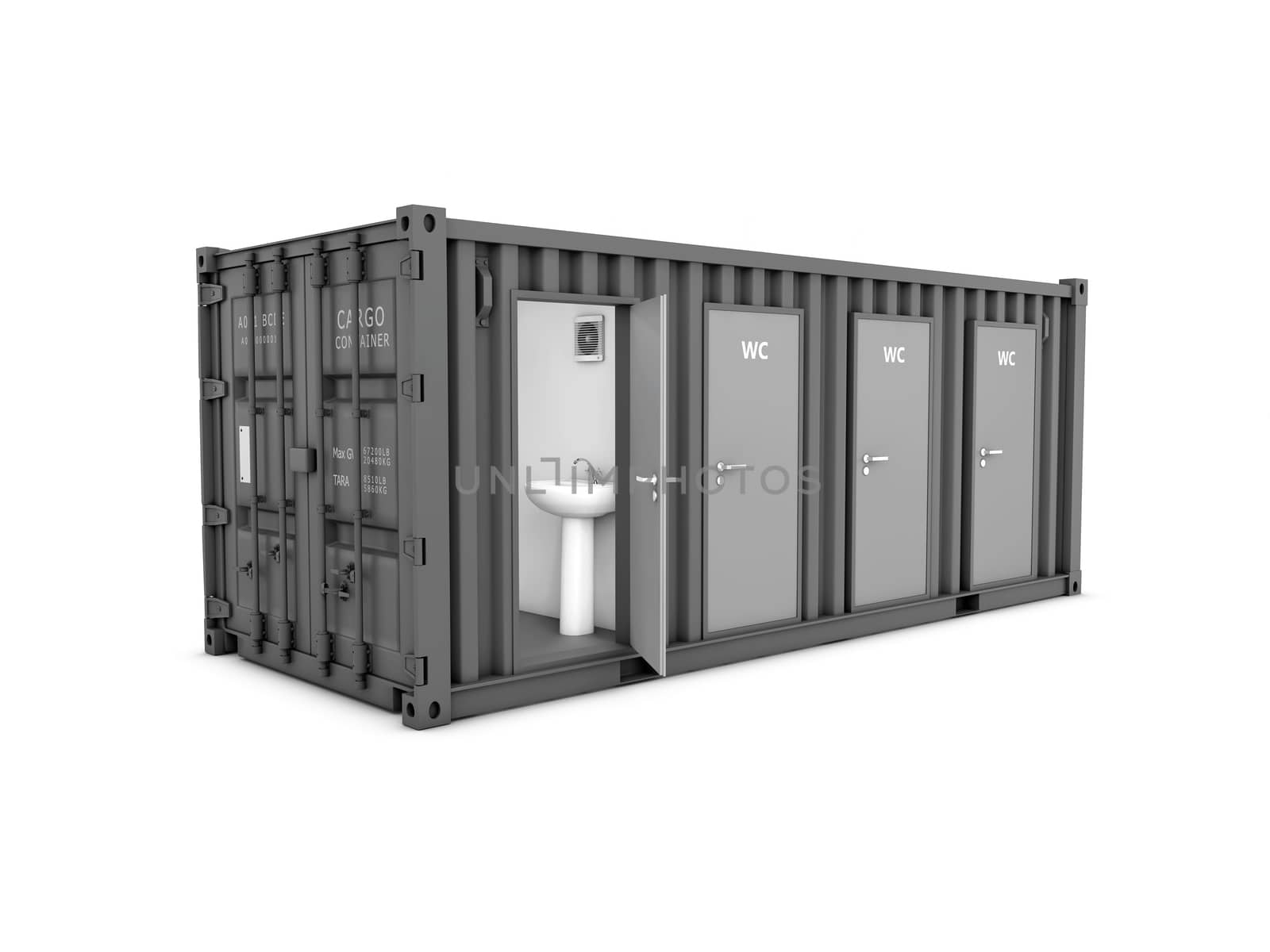 3d Illustration of Converted old shipping container into wc cabine, isolated white.