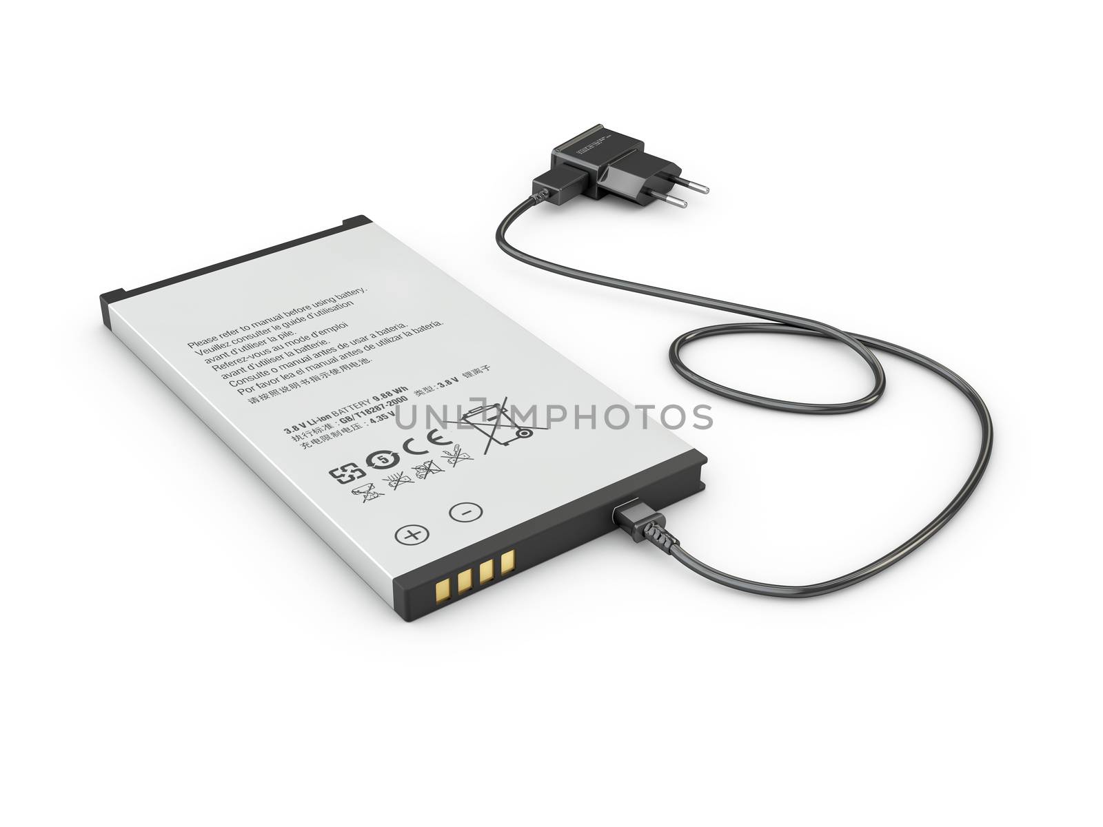 3d Illustration of mobile phone battery isolated white.