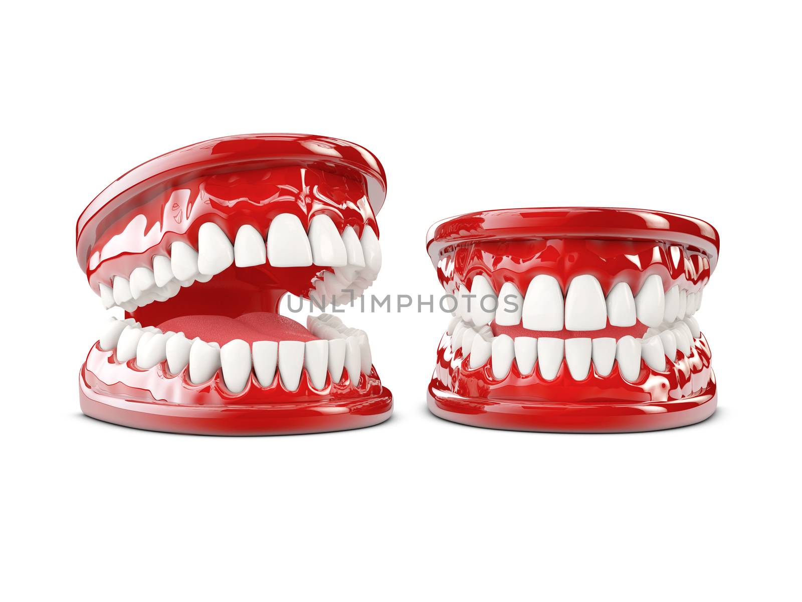 3d Illustration of human teeth, open and close mouth on white background.